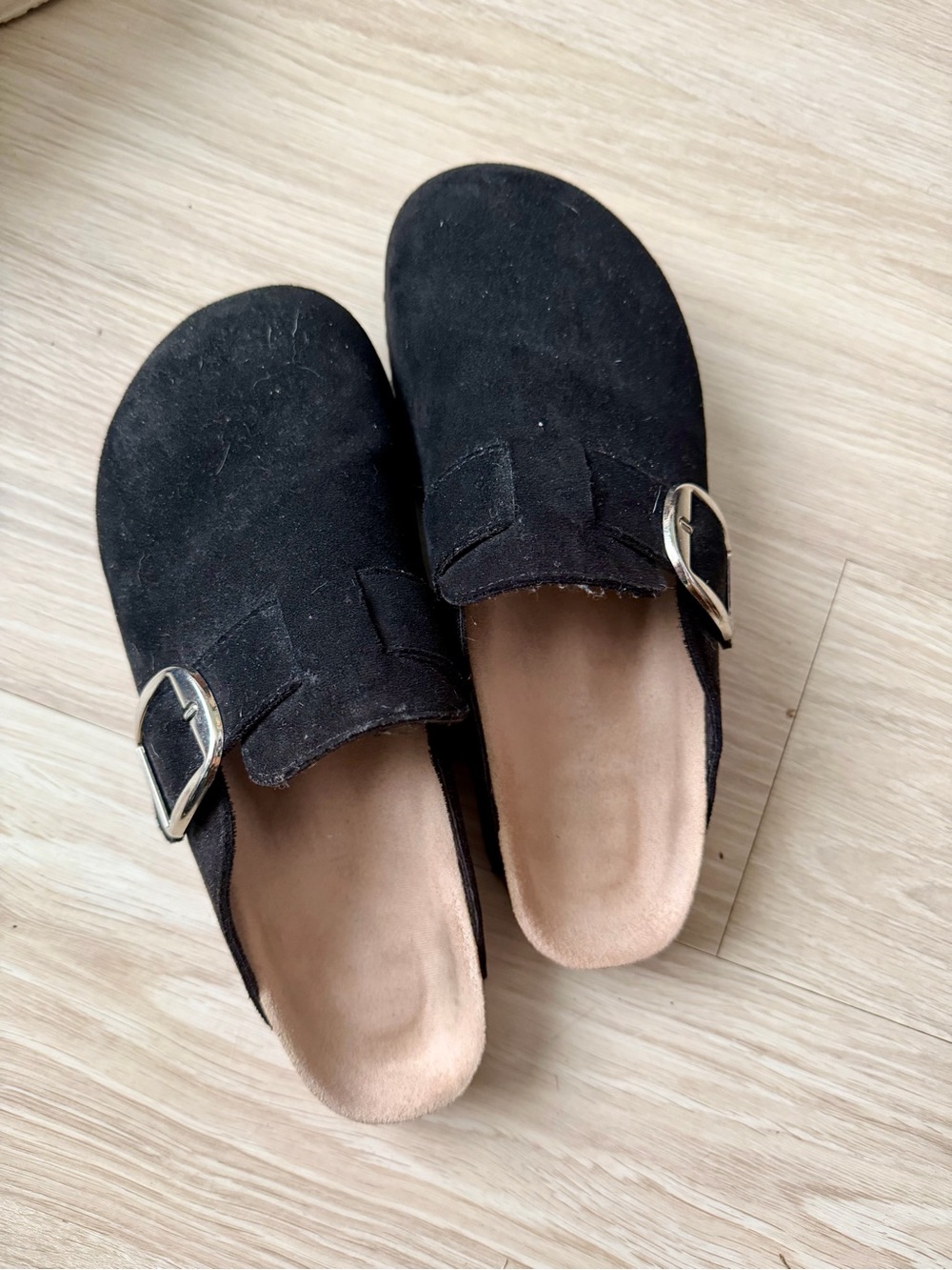 Women's Black Suede Buckle Mule with Cushioned Insole